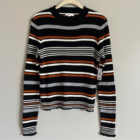BP Nordstrom Striped Black Orange Sweater Top Ribbed Lettuce Trim New Size Large - Picture 1 of 8